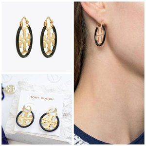 Tory Burch Gold Miller Enamel Small Hoop Black Earrings